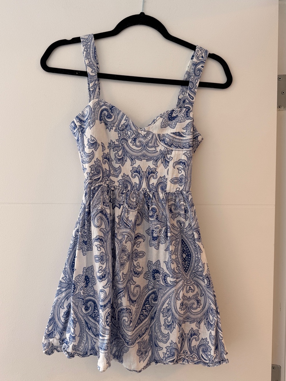 Zara Blue & White Paisley Linen Blend Mini Dress Size XS